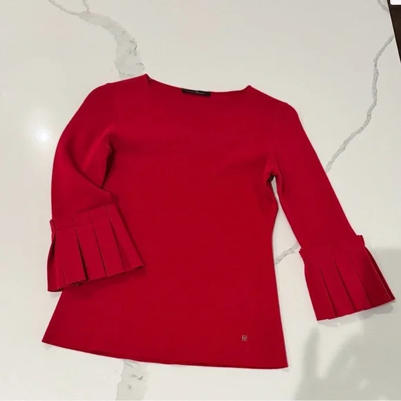 Carolina Herrera Cherry Red Pleated-Cuff Long Sleeve Top - Picture 3 of 8